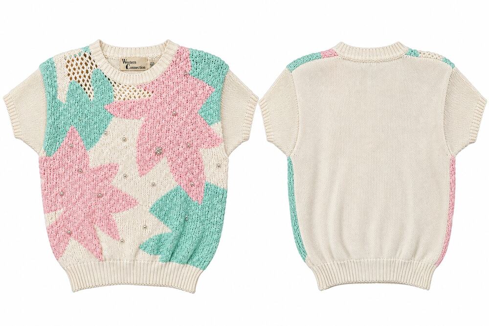 Vintage Western Connection Pastel Floral Knit Sweater Pearl Beaded M 80s 90s